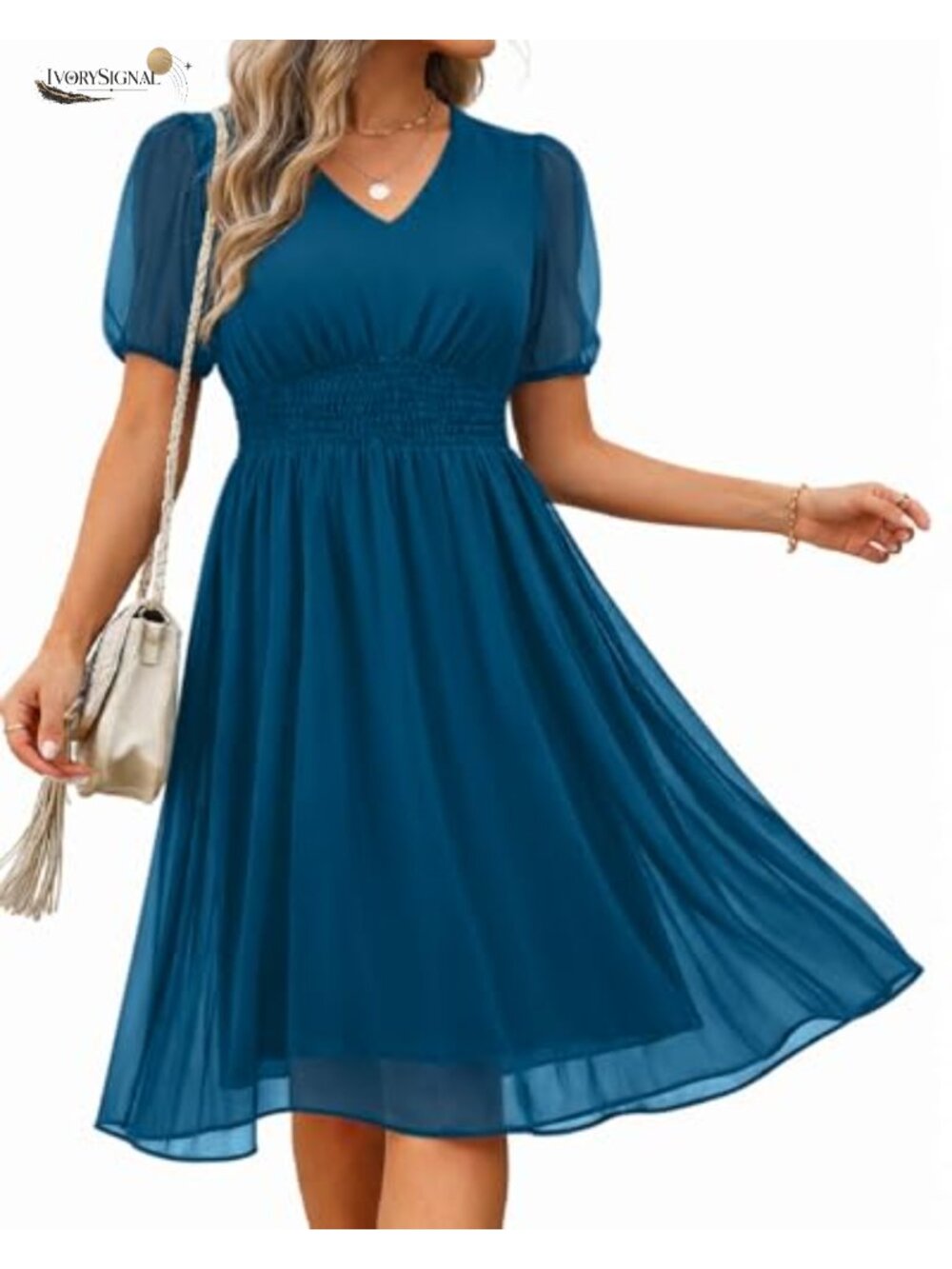 Chiffon Midi Dress V Neck Puff Short Sleeve Smocked Waist A-Line Casual